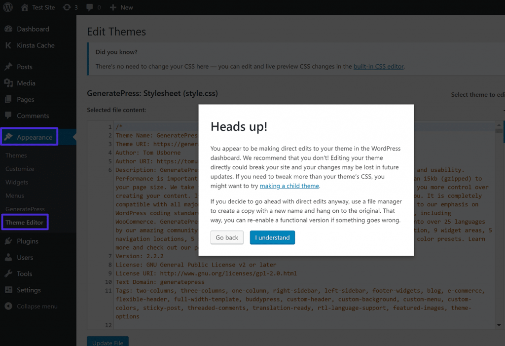 Pop up Notification in Theme WP Editor
