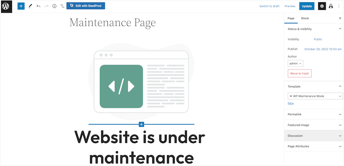 Maintenance page template in in WordPress editor