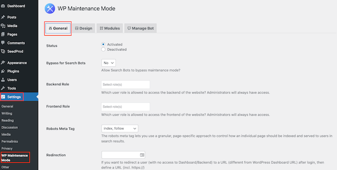 WP Settings - Maintenance Mode